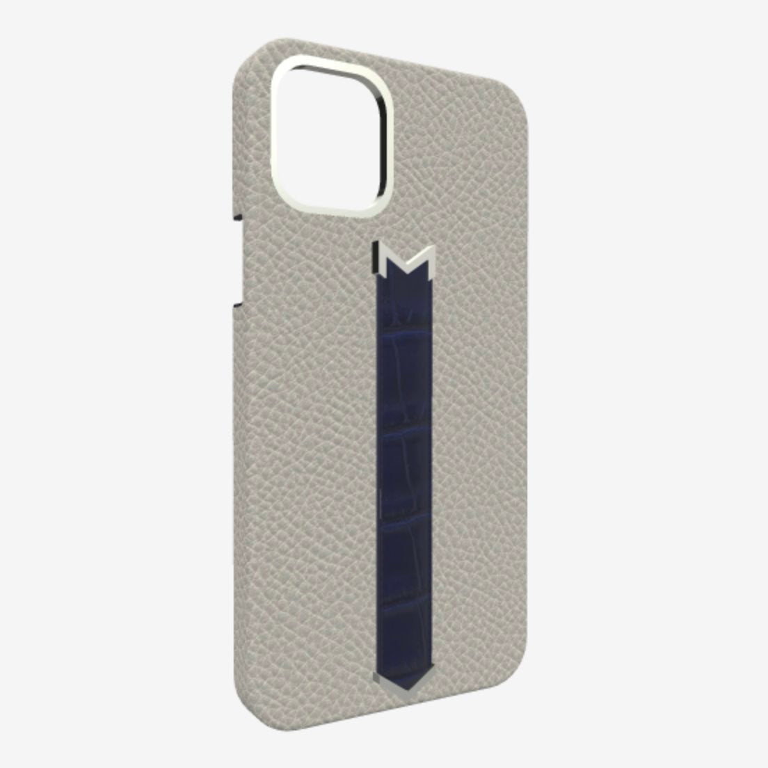 Silver Finger Strap Case for iPhone 13 in Genuine Calfskin and Alligator Pearl-Grey Navy-Blue 