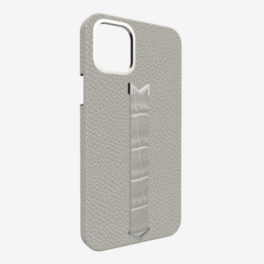 Silver Finger Strap Case for iPhone 13 in Genuine Calfskin and Alligator Pearl-Grey Pearl-Grey 