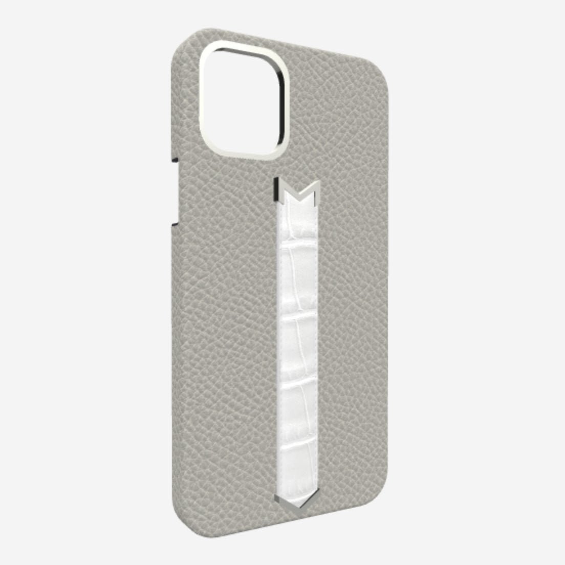 Silver Finger Strap Case for iPhone 13 in Genuine Calfskin and Alligator Pearl-Grey White-Angel 