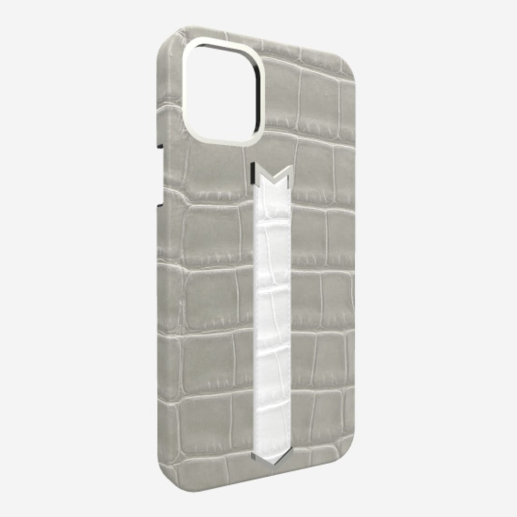 Silver Finger Strap Case for iPhone 13 Pro in Genuine Alligator 