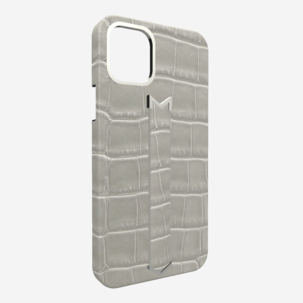 Silver Finger Strap Case for iPhone 13 Pro in Genuine Alligator 