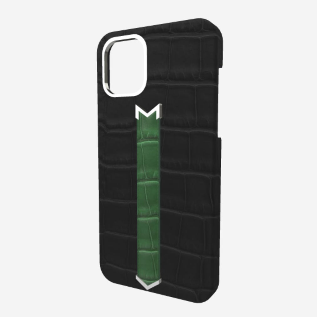 Silver Finger Strap Case for iPhone 13 Pro in Genuine Alligator Bond Black Emerald Green 