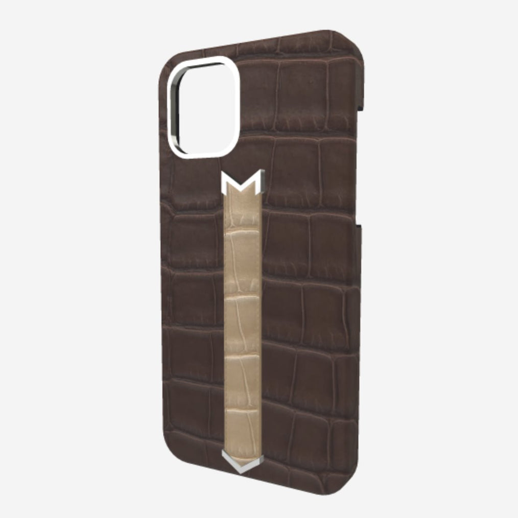 Silver Finger Strap Case for iPhone 13 Pro in Genuine Alligator Borsalino Brown Beige Desert 