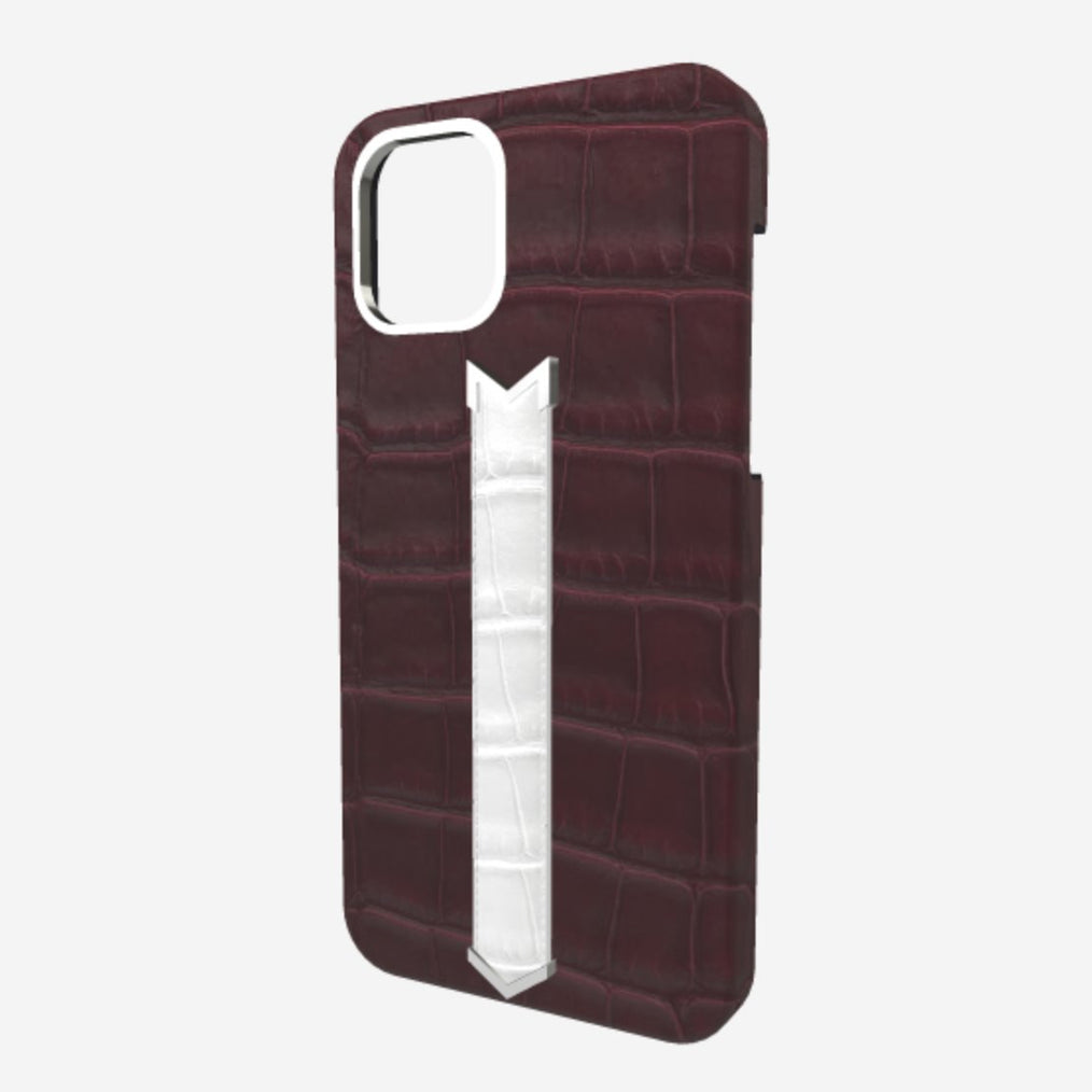 Silver Finger Strap Case for iPhone 13 Pro in Genuine Alligator Burgundy Palace White Angel 
