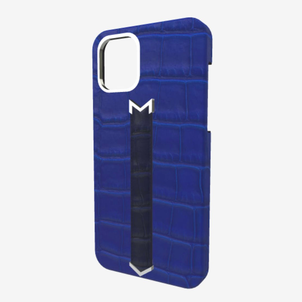 Silver Finger Strap Case for iPhone 13 Pro in Genuine Alligator Electric Blue Navy Blue 