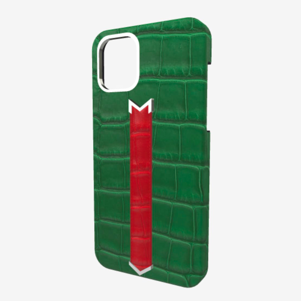 Silver Finger Strap Case for iPhone 13 Pro in Genuine Alligator Emerald Green Glamour Red 