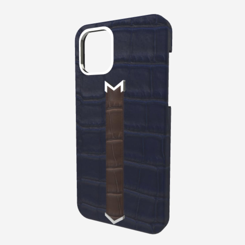 Silver Finger Strap Case for iPhone 13 Pro in Genuine Alligator Navy Blue Borsalino Brown 