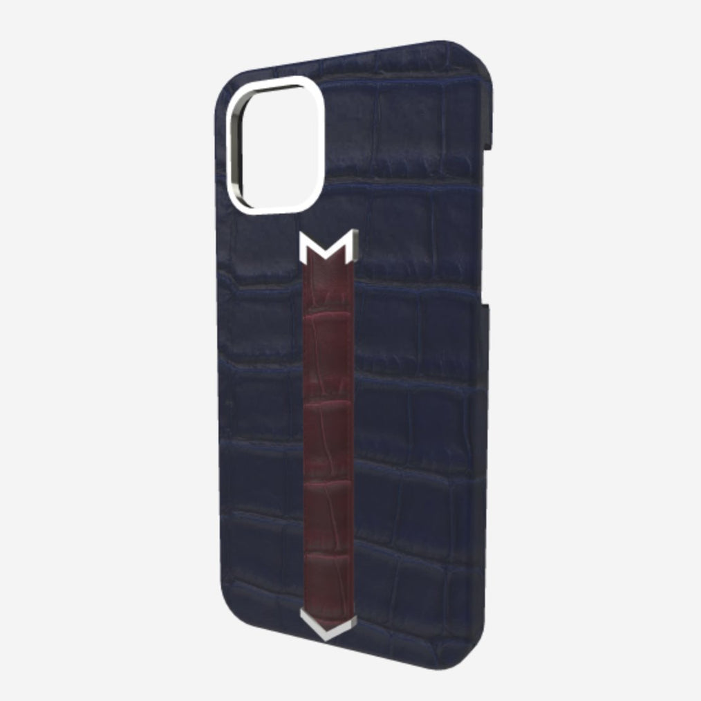 Silver Finger Strap Case for iPhone 13 Pro in Genuine Alligator Navy Blue Burgundy Palace 