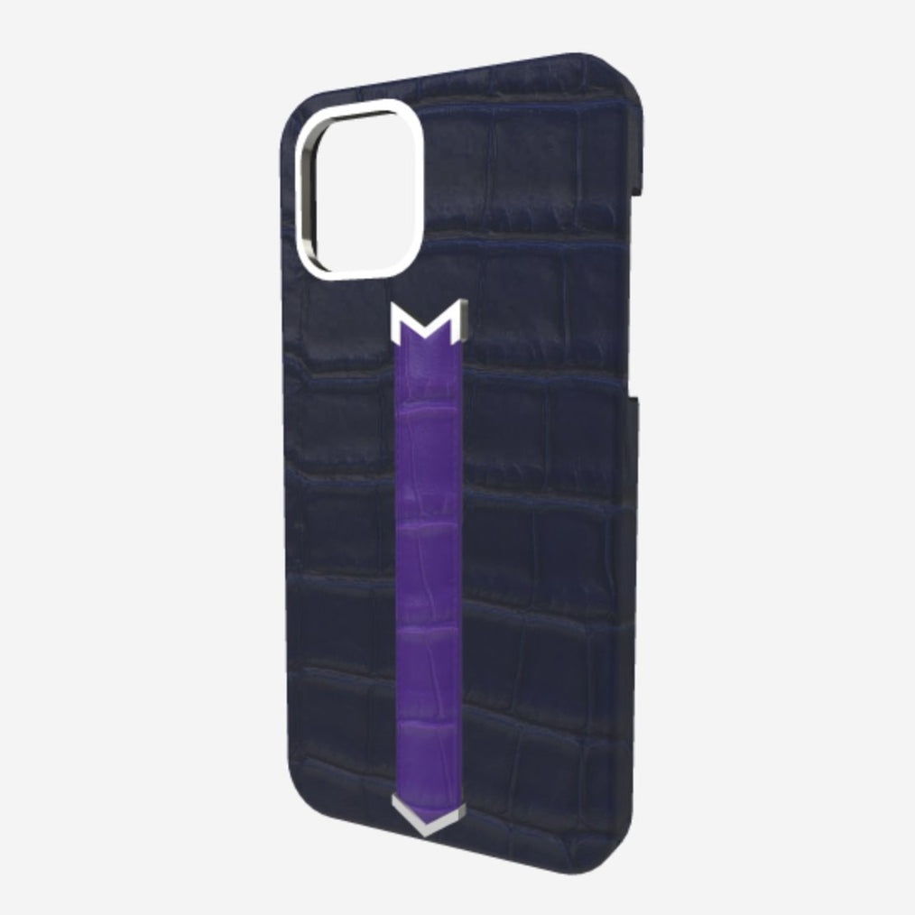 Silver Finger Strap Case for iPhone 13 Pro in Genuine Alligator Navy Blue Purple Rain 