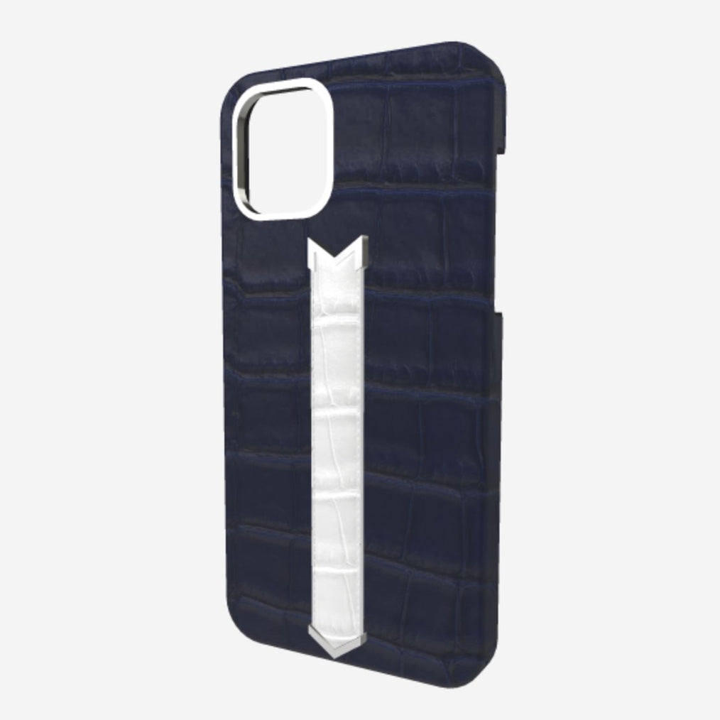 Silver Finger Strap Case for iPhone 13 Pro in Genuine Alligator Navy Blue White Angel 