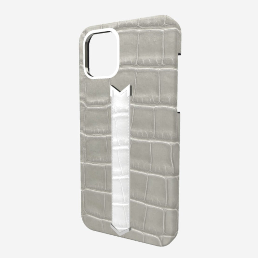 Silver Finger Strap Case for iPhone 13 Pro in Genuine Alligator Pearl Grey White Angel 