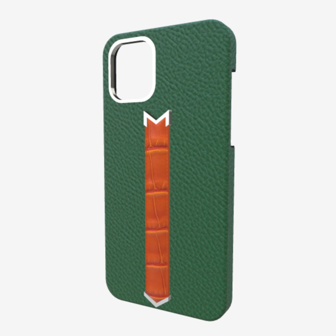 Silver Finger Strap Case for iPhone 13 Pro in Genuine Calfskin and Alligator 