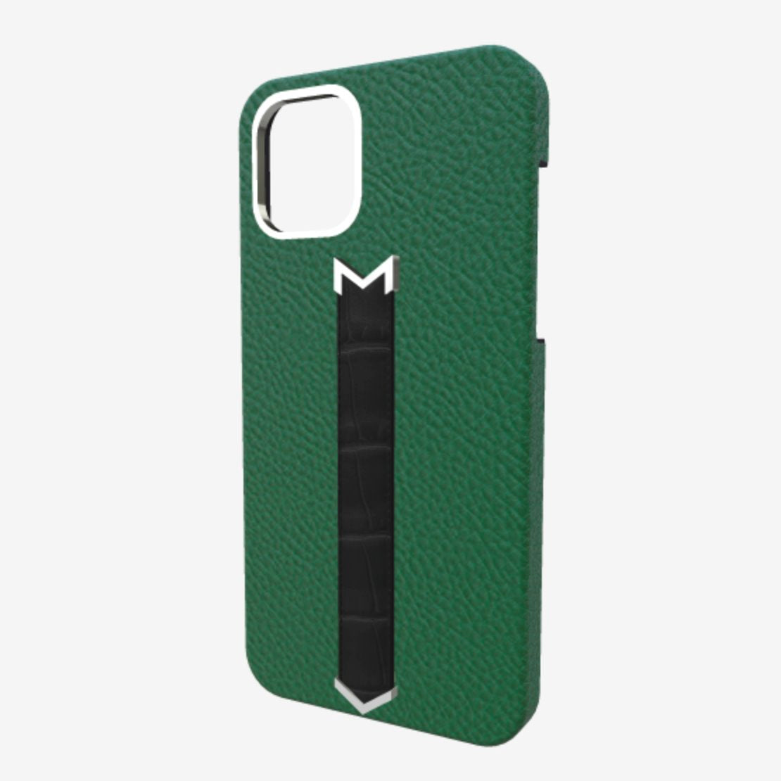 Silver Finger Strap Case for iPhone 13 Pro in Genuine Calfskin and Alligator 