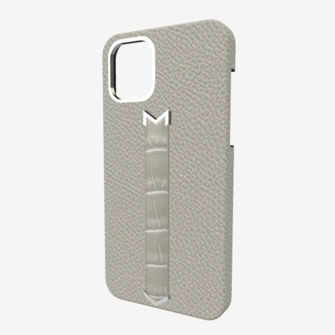 Silver Finger Strap Case for iPhone 13 Pro in Genuine Calfskin and Alligator 