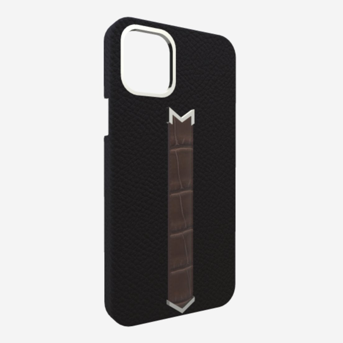 Silver Finger Strap Case for iPhone 13 Pro in Genuine Calfskin and Alligator Bond-Black Borsalino-Brown 