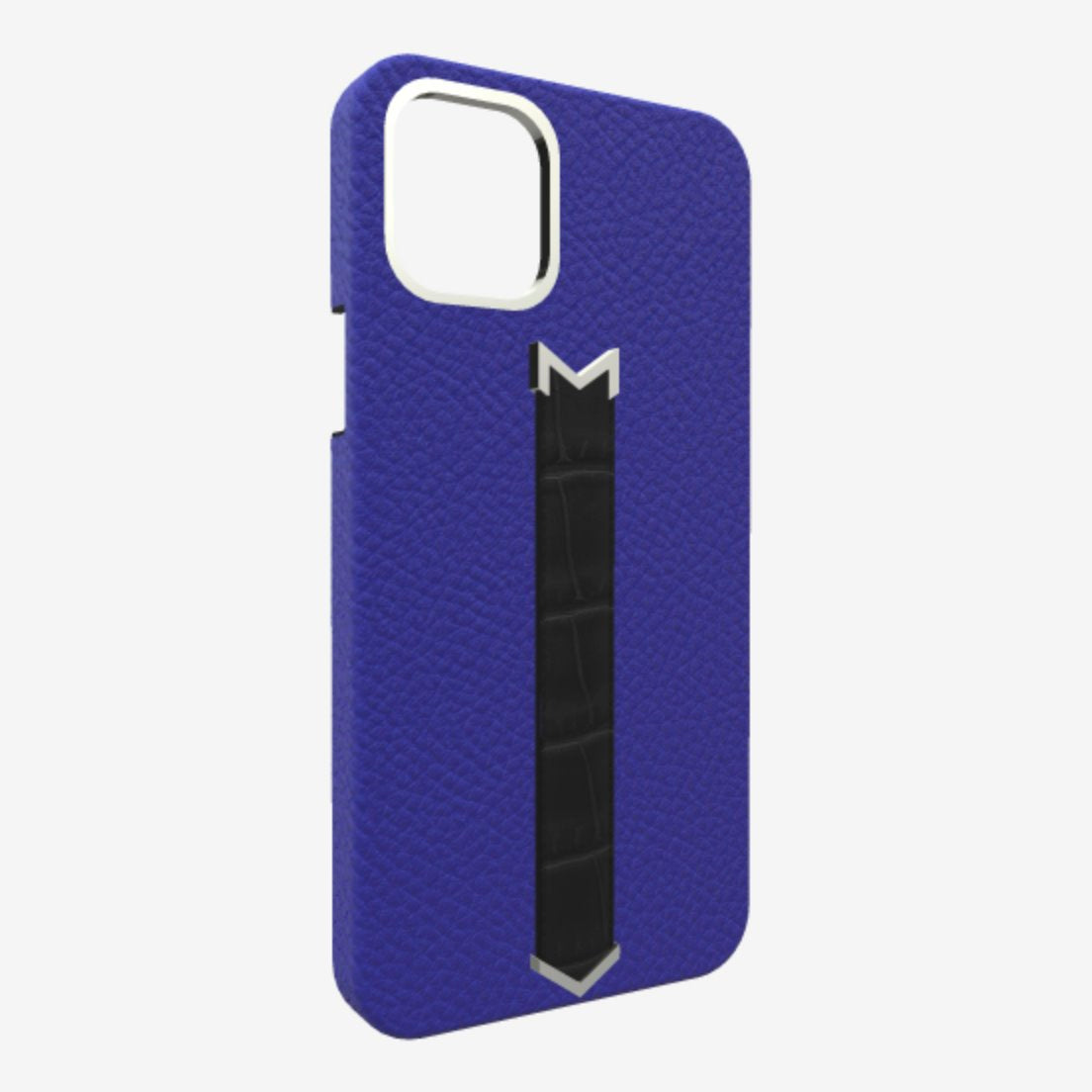 Silver Finger Strap Case for iPhone 13 Pro in Genuine Calfskin and Alligator Electric-Blue Bond-Black 