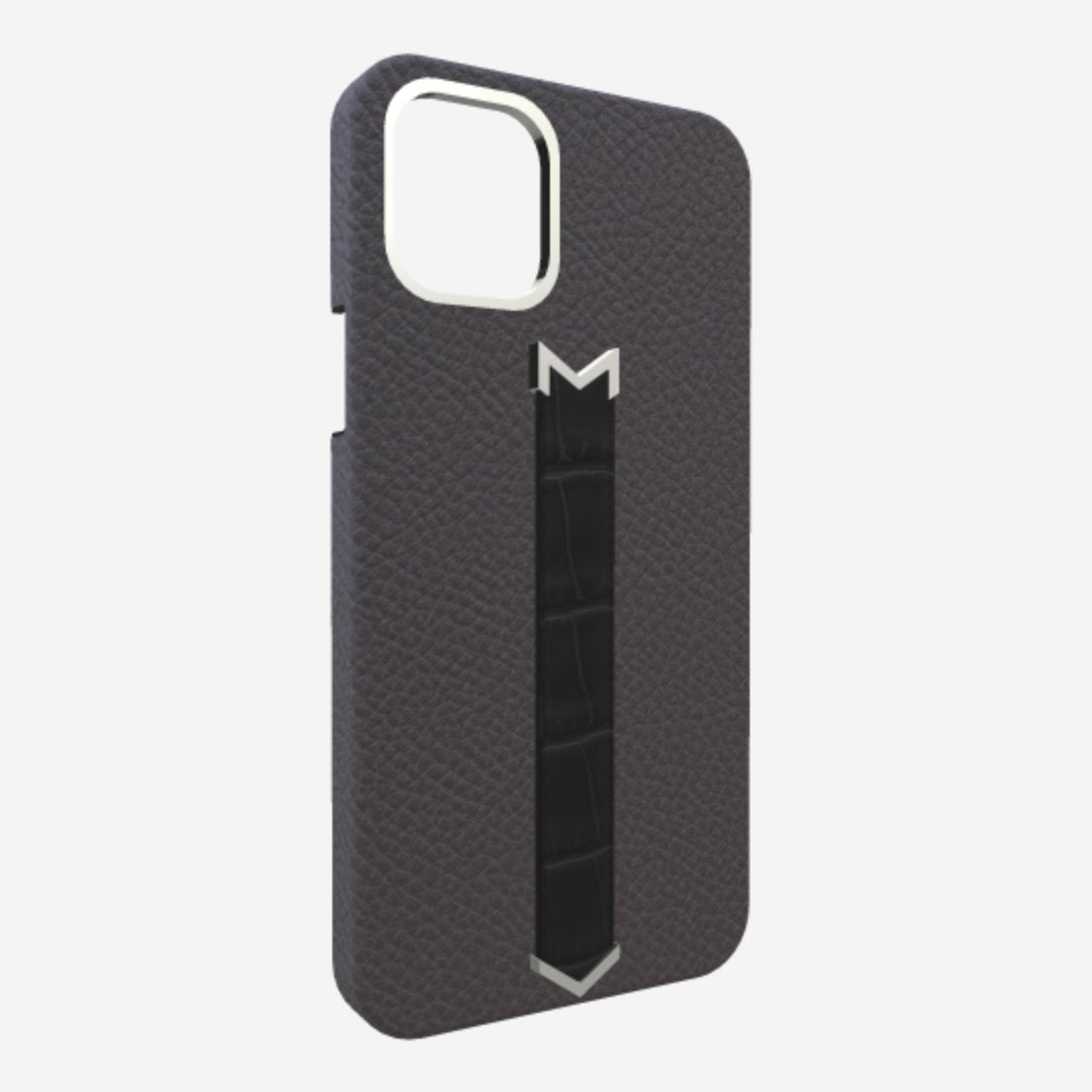 Silver Finger Strap Case for iPhone 13 Pro in Genuine Calfskin and Alligator Elite-Grey Bond-Black 
