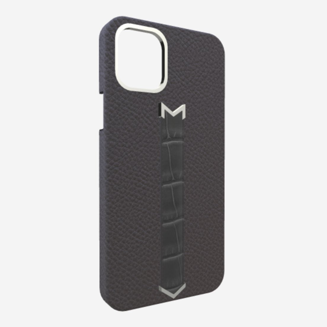 Silver Finger Strap Case for iPhone 13 Pro in Genuine Calfskin and Alligator Elite-Grey Elite-Grey 