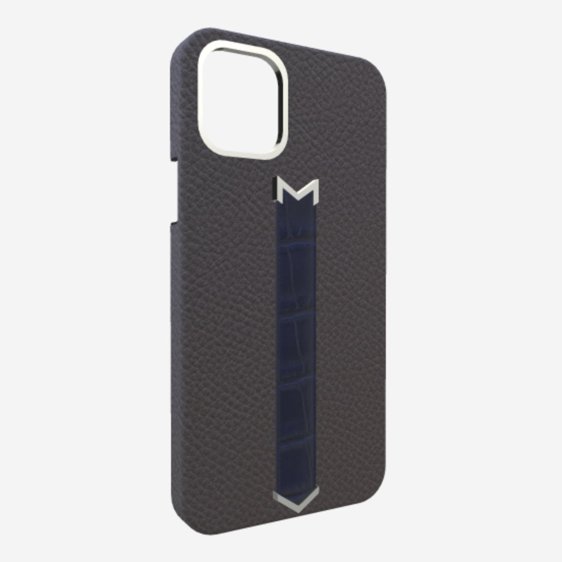 Silver Finger Strap Case for iPhone 13 Pro in Genuine Calfskin and Alligator Elite-Grey Navy-Blue 