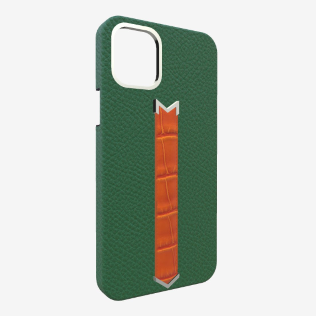Silver Finger Strap Case for iPhone 13 Pro in Genuine Calfskin and Alligator Emerald-Green Orange-Cocktail 