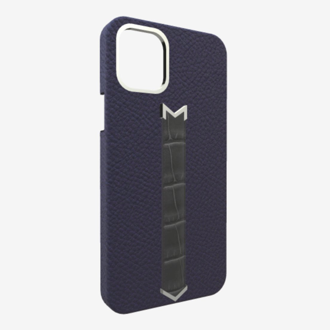 Silver Finger Strap Case for iPhone 13 Pro in Genuine Calfskin and Alligator Navy-Blue Elite-Grey 