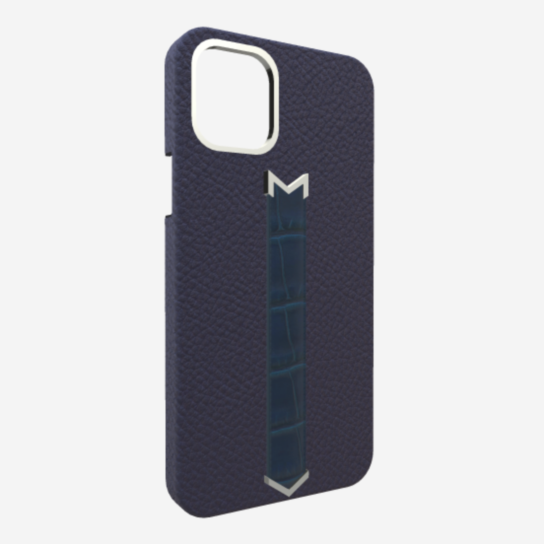 Silver Finger Strap Case for iPhone 13 Pro in Genuine Calfskin and Alligator Navy-Blue Night-Blue 