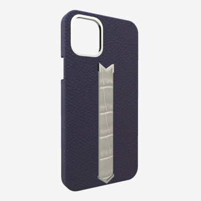 Silver Finger Strap Case for iPhone 13 Pro in Genuine Calfskin and Alligator Navy-Blue Pearl-Grey 