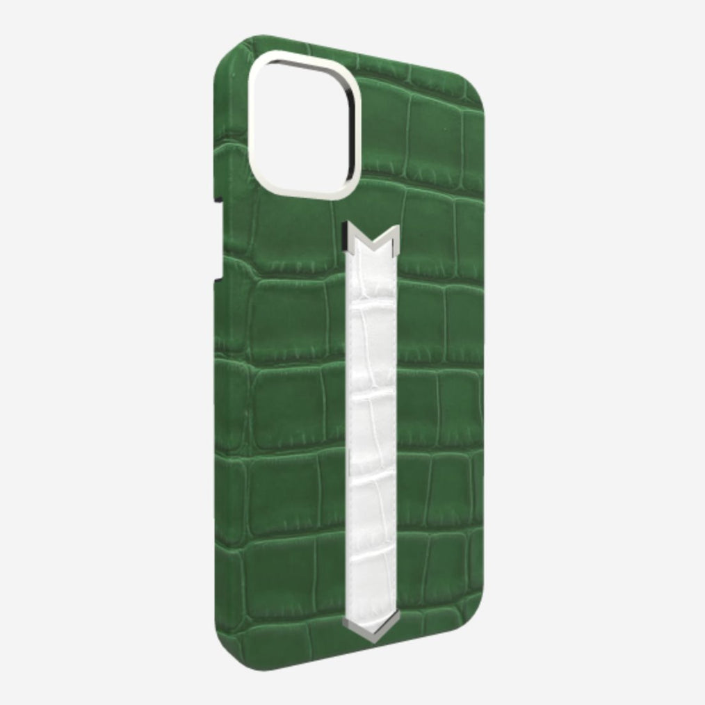 Silver Finger Strap Case for iPhone 13 Pro Max in Genuine Alligator 