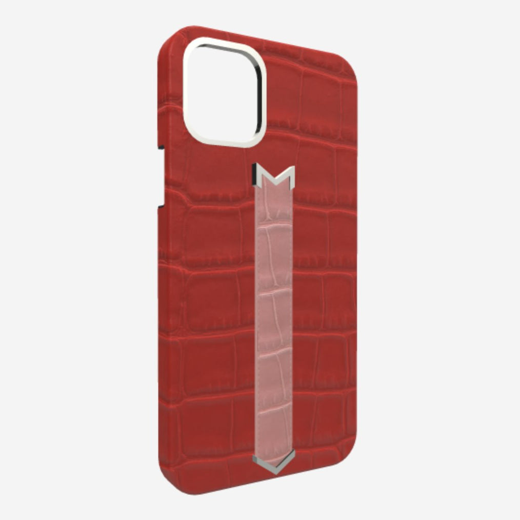 Silver Finger Strap Case for iPhone 13 Pro Max in Genuine Alligator 