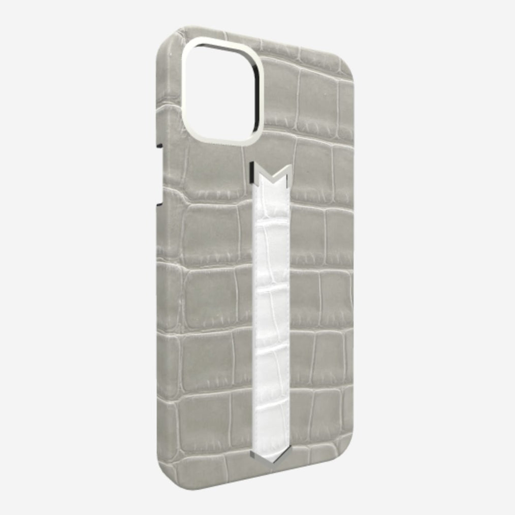 Silver Finger Strap Case for iPhone 13 Pro Max in Genuine Alligator 