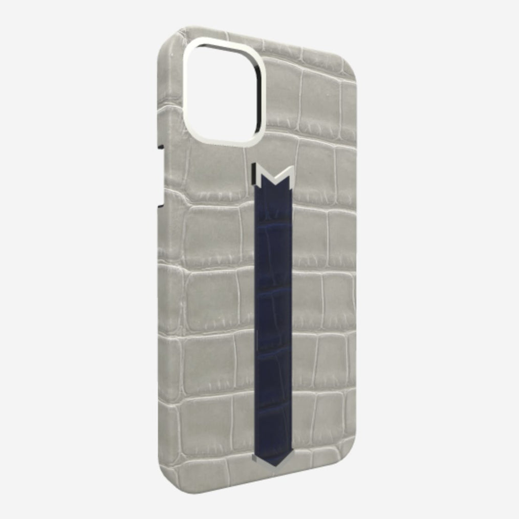 Silver Finger Strap Case for iPhone 13 Pro Max in Genuine Alligator 