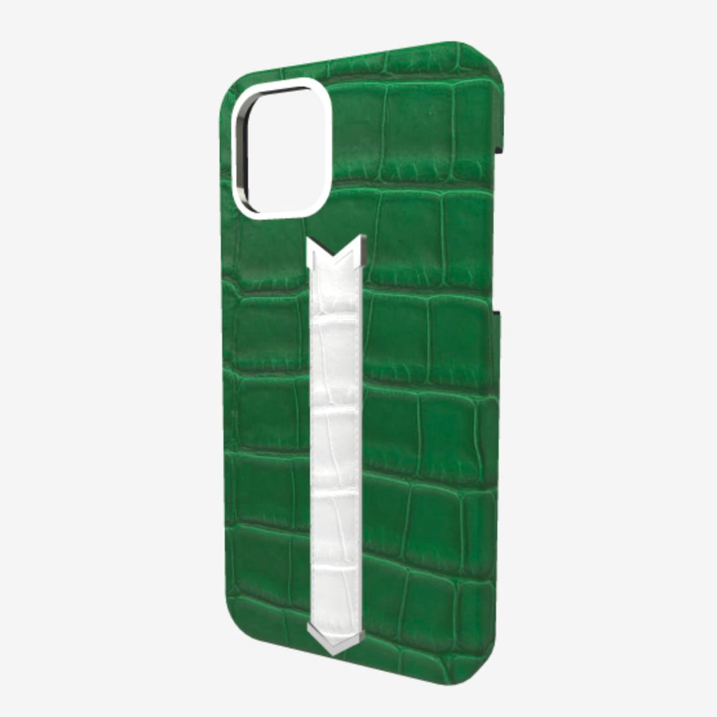Silver Finger Strap Case for iPhone 13 Pro Max in Genuine Alligator Emerald Green White Angel 