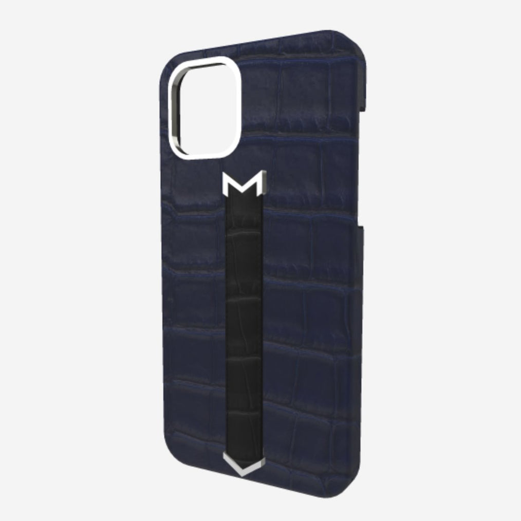 Silver Finger Strap Case for iPhone 13 Pro Max in Genuine Alligator Navy Blue Bond Black 