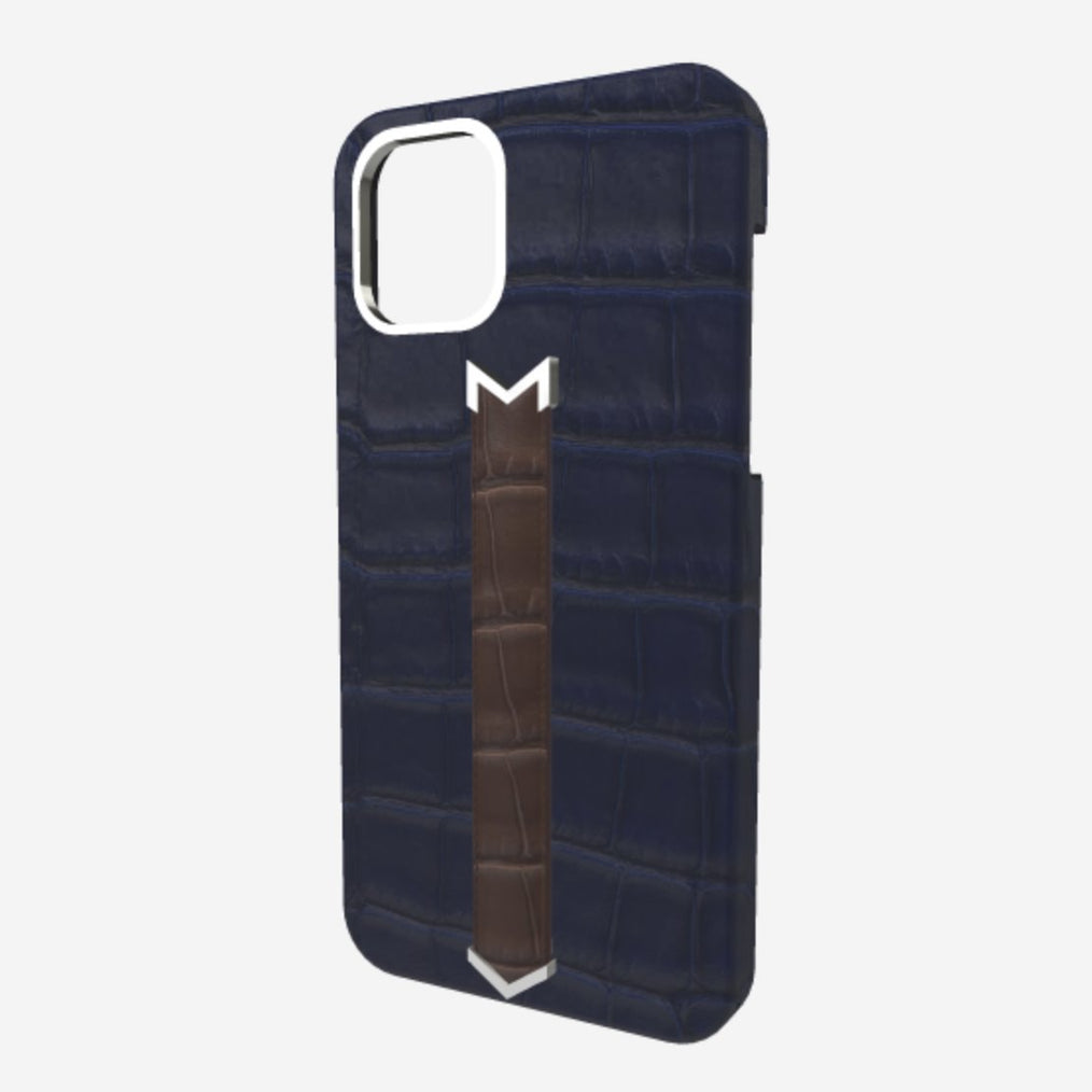 Silver Finger Strap Case for iPhone 13 Pro Max in Genuine Alligator Navy Blue Borsalino Brown 