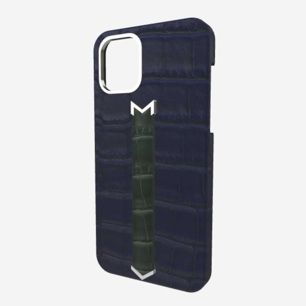 Silver Finger Strap Case for iPhone 13 Pro Max in Genuine Alligator Navy Blue Jungle Green 