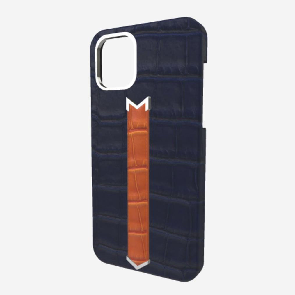 Silver Finger Strap Case for iPhone 13 Pro Max in Genuine Alligator Navy Blue Orange Cocktail 