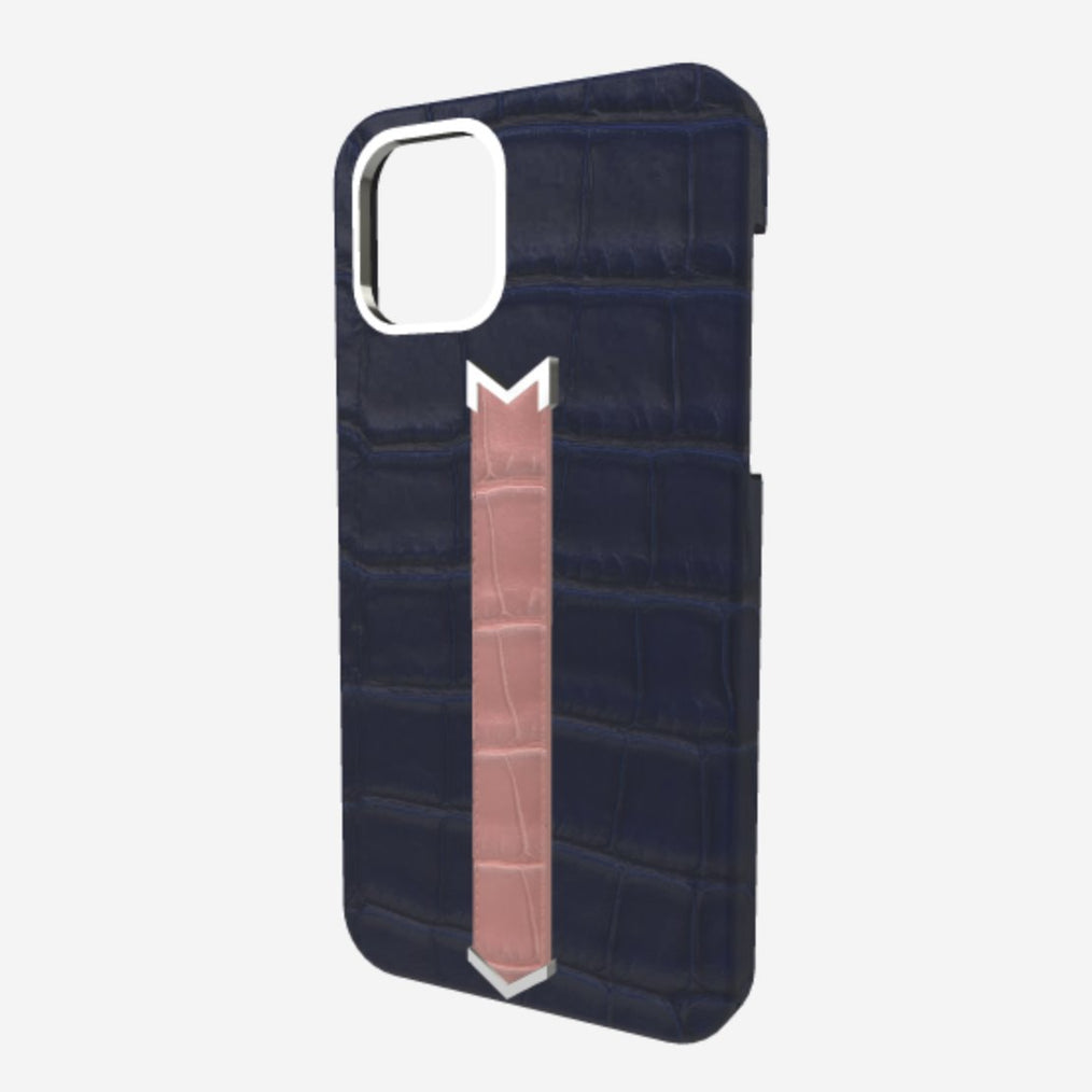 Silver Finger Strap Case for iPhone 13 Pro Max in Genuine Alligator Navy Blue Sweet Rose 