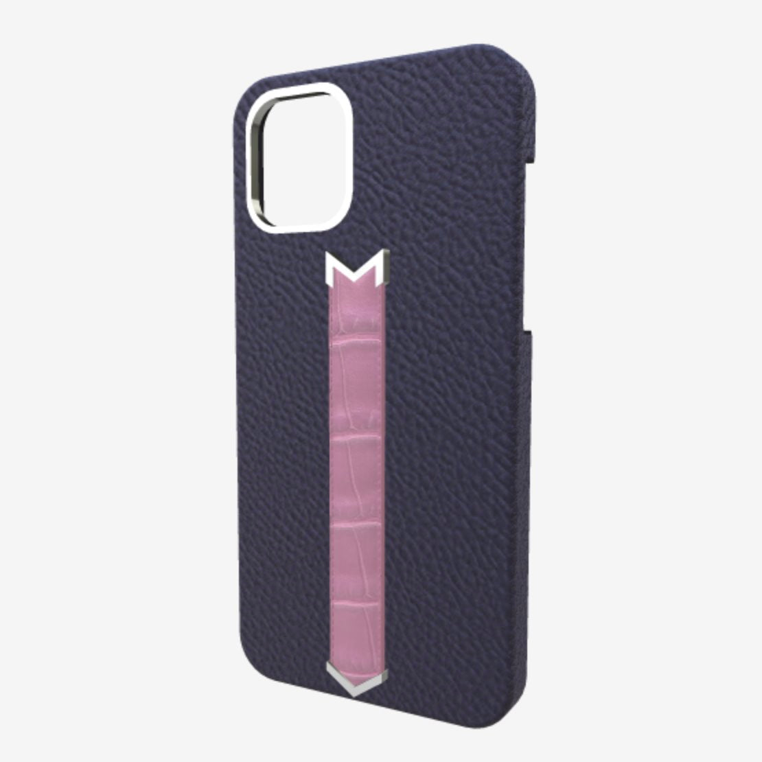 Silver Finger Strap Case for iPhone 13 Pro Max in Genuine Calfskin and Alligator 