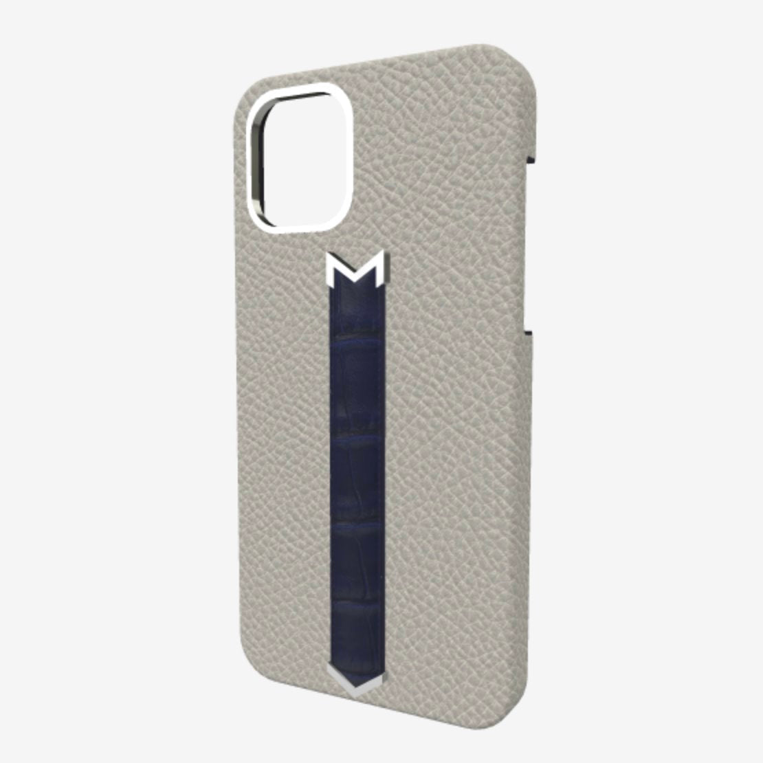 Silver Finger Strap Case for iPhone 13 Pro Max in Genuine Calfskin and Alligator 