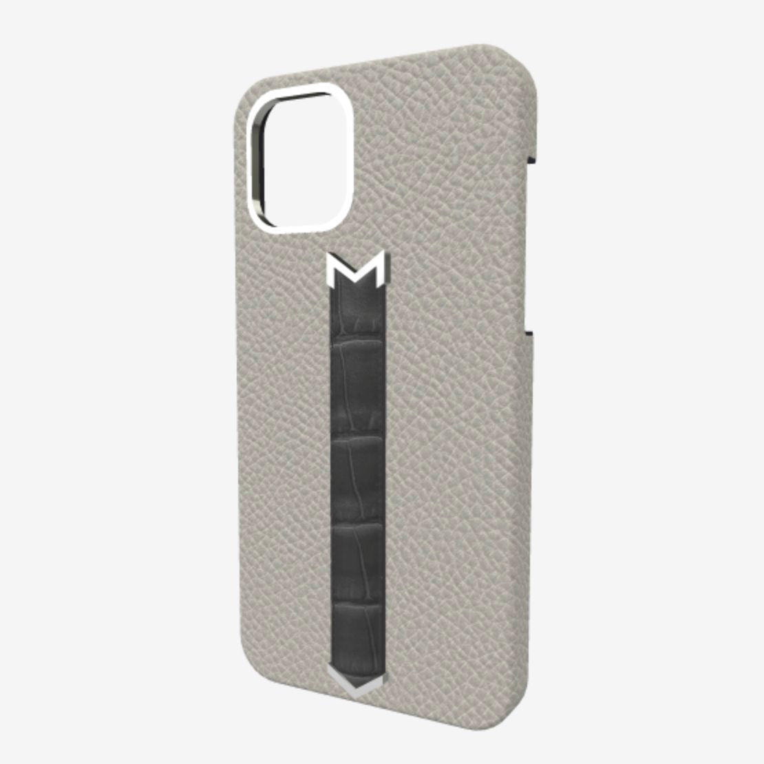 Silver Finger Strap Case for iPhone 13 Pro Max in Genuine Calfskin and Alligator 