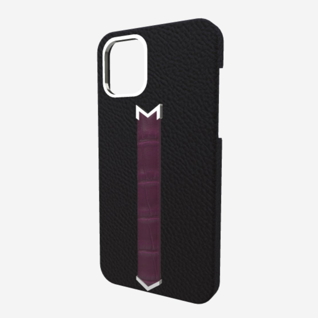 Silver Finger Strap Case for iPhone 13 Pro Max in Genuine Calfskin and Alligator 