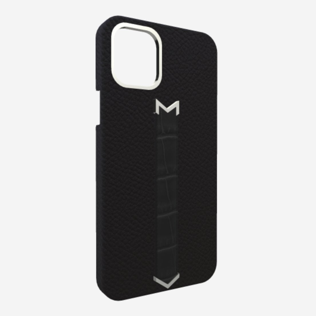 Silver Finger Strap Case for iPhone 13 Pro Max in Genuine Calfskin and Alligator Bond-Black Bond-Black 