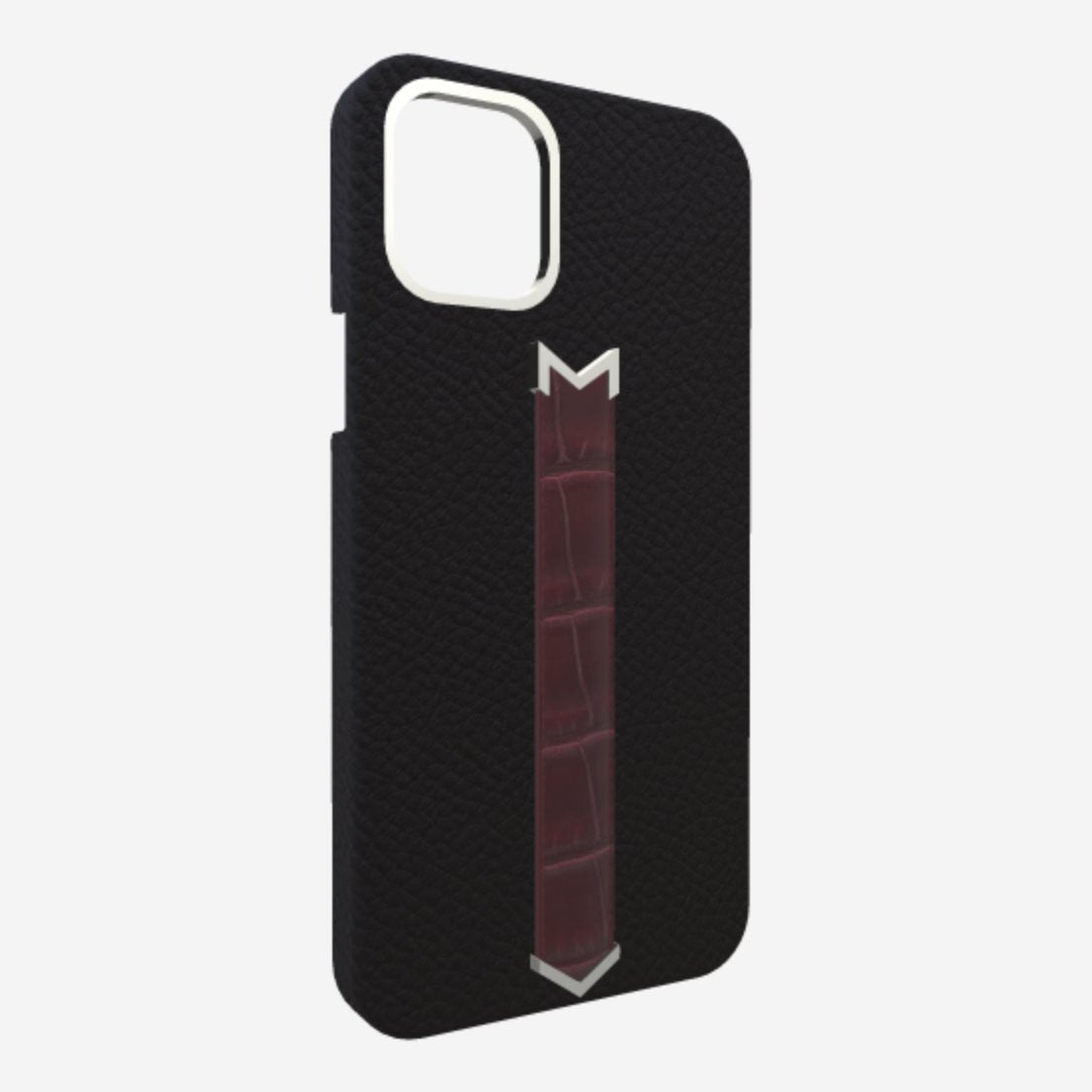 Silver Finger Strap Case for iPhone 13 Pro Max in Genuine Calfskin and Alligator Bond-Black Burgundy-Palace 