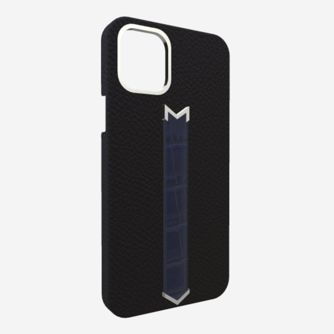 Silver Finger Strap Case for iPhone 13 Pro Max in Genuine Calfskin and Alligator Bond-Black Navy-Blue 