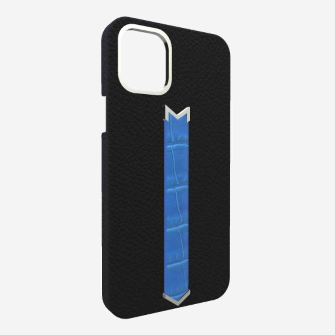 Silver Finger Strap Case for iPhone 13 Pro Max in Genuine Calfskin and Alligator Bond-Black Royal-Blue 