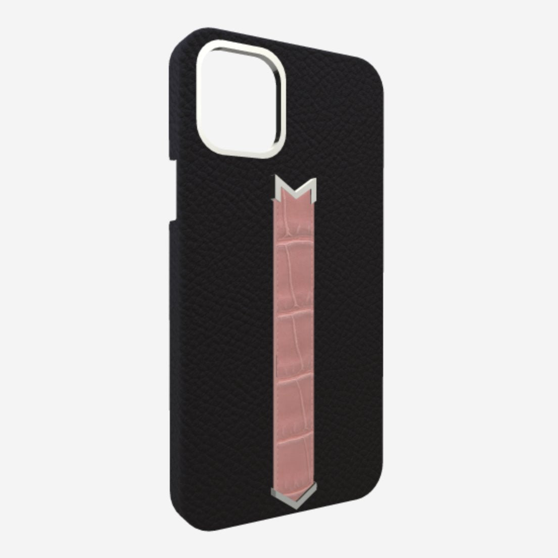 Silver Finger Strap Case for iPhone 13 Pro Max in Genuine Calfskin and Alligator Bond-Black Sweet-Rose 
