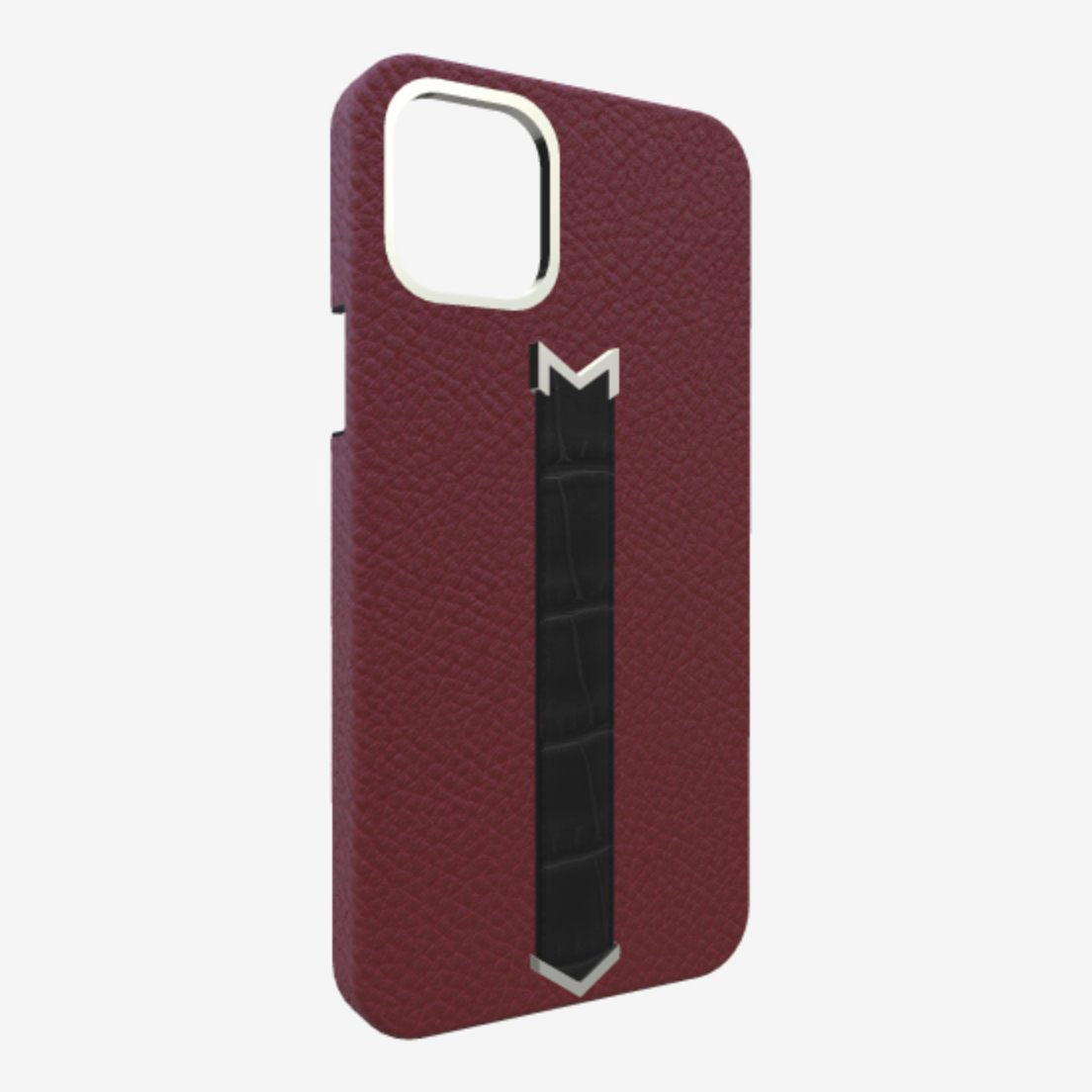 Silver Finger Strap Case for iPhone 13 Pro Max in Genuine Calfskin and Alligator Burgundy-Palace Bond-Black 