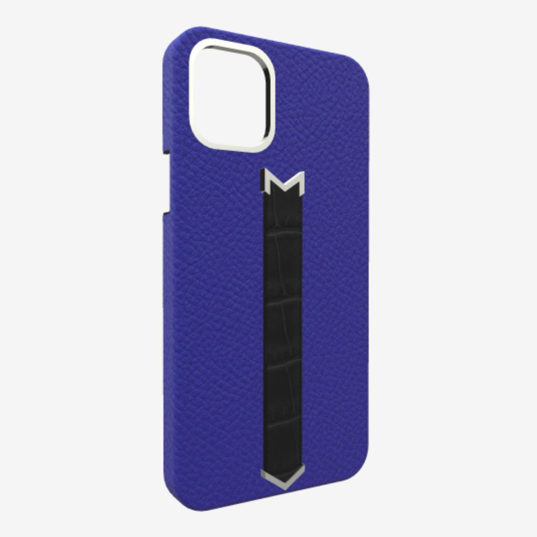 Silver Finger Strap Case for iPhone 13 Pro Max in Genuine Calfskin and Alligator Electric-Blue Bond-Black 