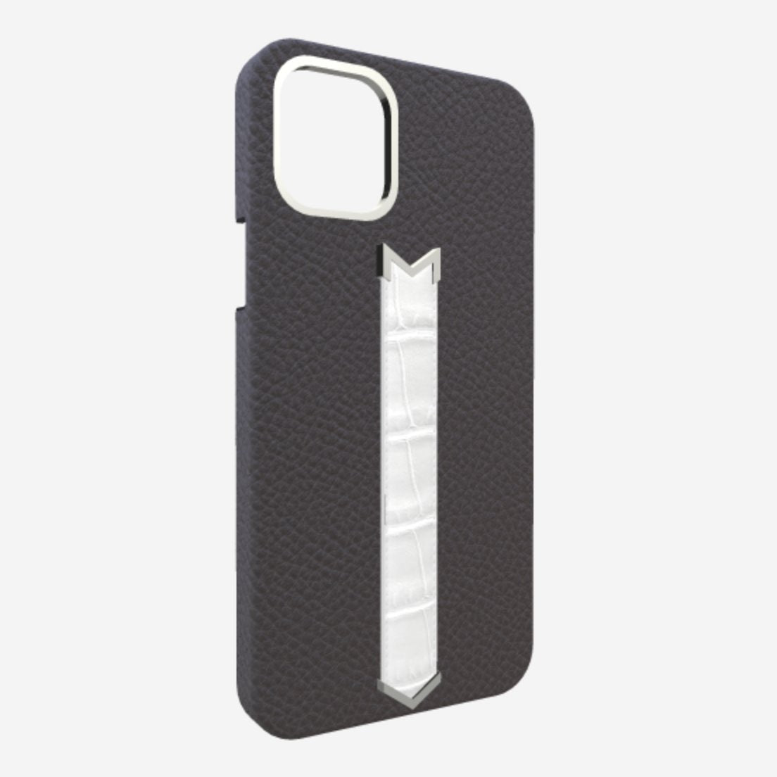 Silver Finger Strap Case for iPhone 13 Pro Max in Genuine Calfskin and Alligator Elite-Grey White-Angel 