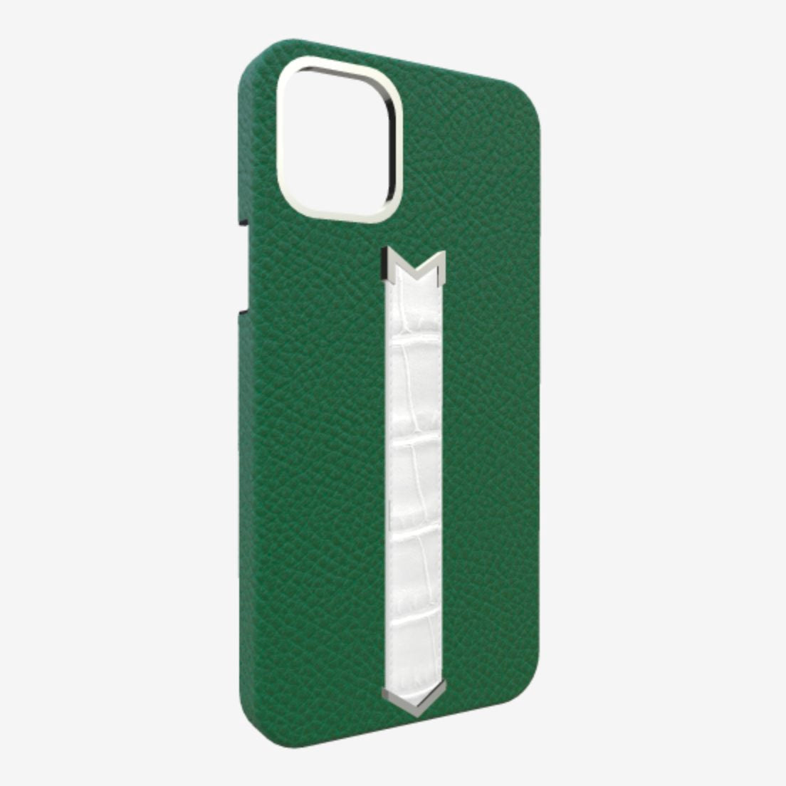 Silver Finger Strap Case for iPhone 13 Pro Max in Genuine Calfskin and Alligator Emerald-Green White-Angel 
